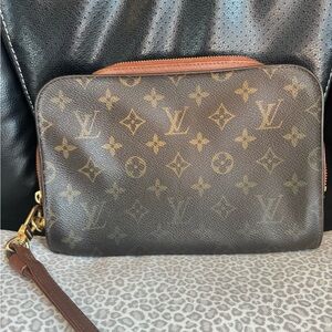 Louis Vuitton Brown Monogram Clutch with Gold Hardware